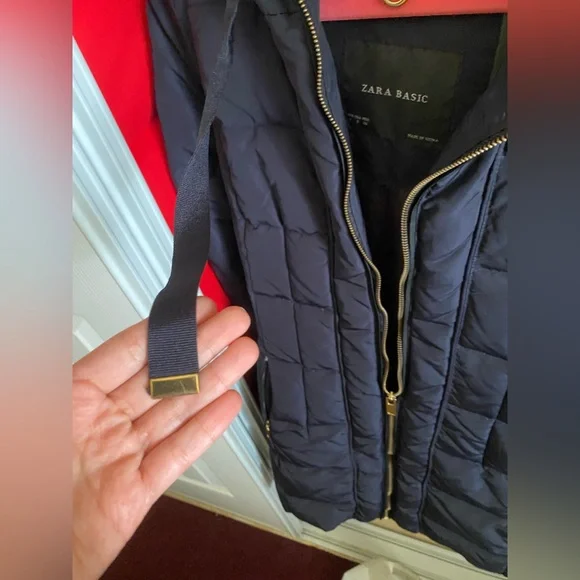 Zara Basic Navy Quilted Long Puffer Coat Jacket – Size Small - Picture 2 of 4